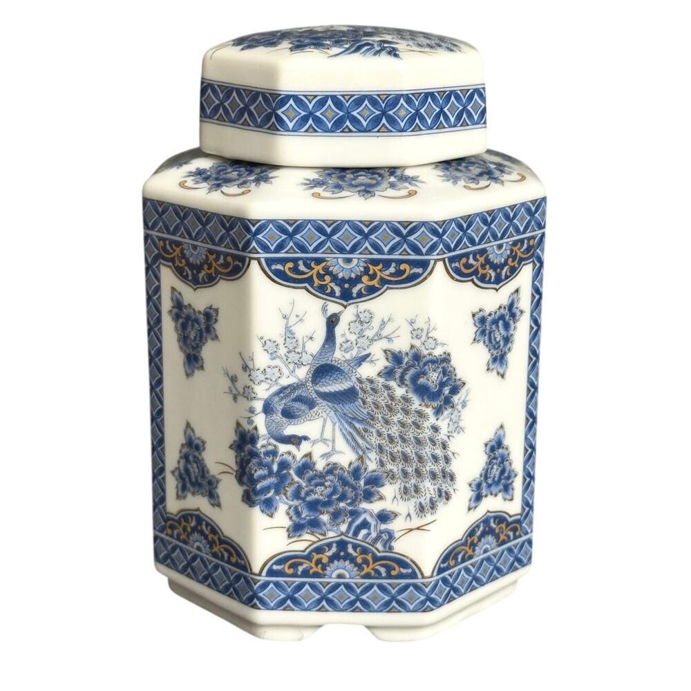Vintage Japan peacock ginger jar gilded lidded 5.5” blue chinoiserie canister